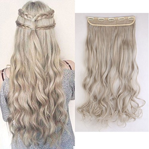 S-noilite® 60 cm Clip-in Haarteil 3/4 Perücke Clip in Extensions Haarverlängerung Gelockt Wellig Ein Tresse Haar(Graublond mix Silbergrau)