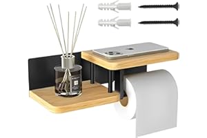 RUIOOMEEP Porte-rouleau de papier toilette avec étagère, porte-rouleau de papier toilette sans perçage, porte-papier toilette en bambou en acier et bambou, pour salle de bain et cuisine