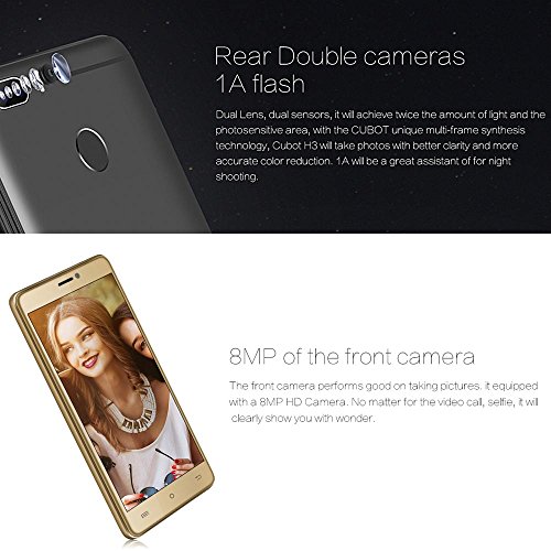 CUBOT H3 4G LTE Smartphone 5.0 pollici IPS HD Schermo HD 3 GB di RAM 32 GB ROM MTK6737 1.3 GHz Quad Core 16 + 0,3 MP 8MP Telecamere doppie OTG 6000 mAh Batteria Fingerprint (Nero)