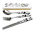 OLizee® Cute Creative Cow Pattern Design Flatware Set of 3 Ceramics Handle Stainless Steel Spoon Fork Chopsticks for Traveling Portable Lovely Animals Korean Tableware Set (Black)