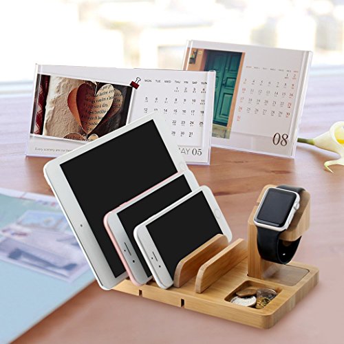 Supporto Apple Watch, IPUTY Bamboo Wood Supporto dock per Apple Watch Series (38mm e 42mm), 5-Slot Staccabile Universal Cradle Station Organizer per iPhone, iPad, Tablet o altri Smartphone
