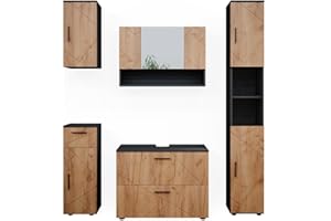 ‎VICCO Vicco Badmöbel-Set Goldkraft Eiche/Anthrazit Irma, bestehend aus Bad Spiegelschrank, Midischrank, Hängeschrank, Waschbeckenunterschrank, Hochschrank - Versteckter Stauraum hinter eleganten Türen