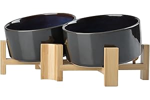 SPUNKYJUNKY 15° Kippbare Keramik Hundenapf mit Holzständer Futter und Wassernapf rutschfest für Hunde und Katzen mit Flachen Gesichtern Kleinen und Mittelgroßen Hunden (850ml × 2, Sternenblau)