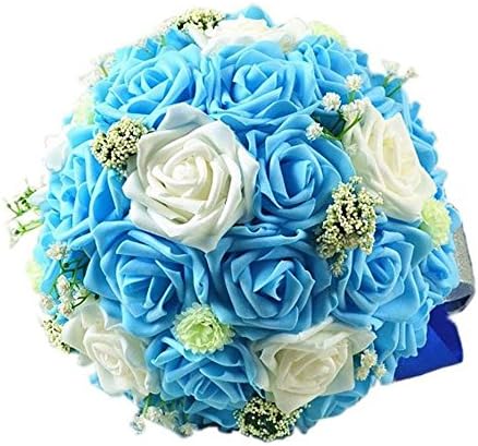 romantic bridal bouquets handmade artificial real touch babysbreath pe rose wedding bouquets rhinestone pearl flower satin ribbon for wedding decor blue