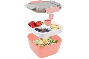Bugucat Bento Box 1500ML, Lunchbox Salad Lunch Container to Go with 3 Compartment Tray, Salad Bowl with Dressing Container, Meal Prep to Go Containers for Food Fruit Snack, Built-in Reusable Spoon