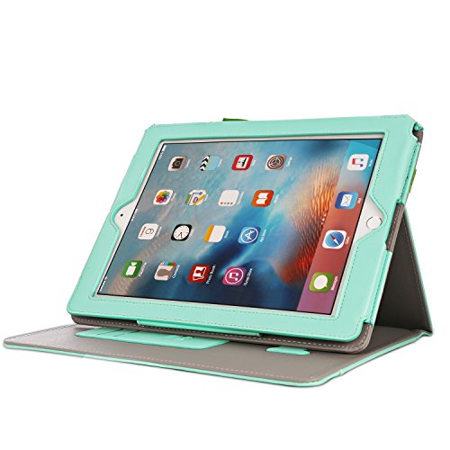 SAVFY iPad 2/3/4 Hülle Auto Sleep Wake up Funktion Business Serie Case Smart Cover mit Klettverschluss Handschlaufe, Kartensteckplätze Mintgrün - 3