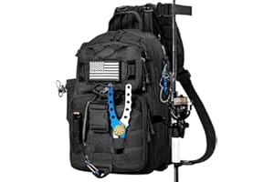 OUUTMEE Sac à Dos de Pêche avec Support de Canne à Pêche, Sac de Pêche Portable en Bandoulière, Sac de Pêche Imperméable et Multi-Poches pour Pêche, Randonnée et Voyage (Noir)