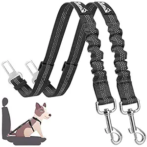 SlowTon Dog Seat Belt, Pet Car Safety Seatbelt Adjustable with Dual Use Elastic Bungee Safety Belt in Car Vehicle for Small Medium Large Dogs Car Trip and Walking (Black)