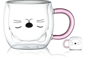 BINOSTER Słodkie filiżanki do kawy, szklanki do herbaty, szklanki do kawy dwuścienne szklanki termiczne, filiżanki do espresso kubek z misiem i kotem (fioletowy kot)