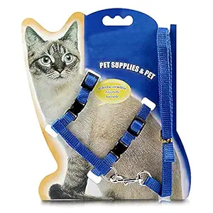 PetCeptual Cat Adjustable Nylon Cat Harness Strap Collar with Leash Set Small Pet Walking for Kitten- Blue (Color Will be Sent as per Availability)