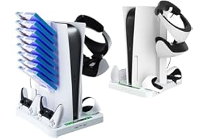 EMEBAY Support et Station de Charge Compatible avec P-S5 & PS VR2, 3 en 1 Support de Ventilateur de Refroidissement avec Chargeur Manette pour Play*Station 5 / PSVR2 avec Support de Casque PS VR2