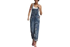 shownicer Damen Latzhose Retro Jeanshose Trägerhose Hoseanzug Denim Overall Jumpsuit Gerades Bein Zerrissen Lang Trägerhose Ärmellos Locker mit Taschen