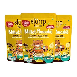 Slurrp Farm No Maida Millet Pancake Mix, Banana Choco-Chip and Supergrains, Natural and Healthy Food, 150g (Pack of 3), Instant Healthy Breakfast Mix (Banana Choco-chip)