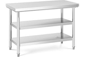 Royal Catering Table De Travail en INOX Plan Cuisine Pro Professionnel Préparation Boucher Acier Inoxydable RCWT-120X60-3L-E (600 kg Max., 120 x 60 cm, 3 Niveaux, Pieds Réglables, INOX)