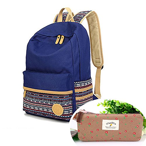 Preisvergleich Produktbild SymbolLife Rucksack damen Herren Teenager Groß Schulrucksack Casual Daypack Backpack Rucksäcke Laptop Rucksack Canvas Reisetasche mit Mäppchen für Universität Outdoor Sport Freizeit 30 X 43 X 14cm, Dunkel Blau