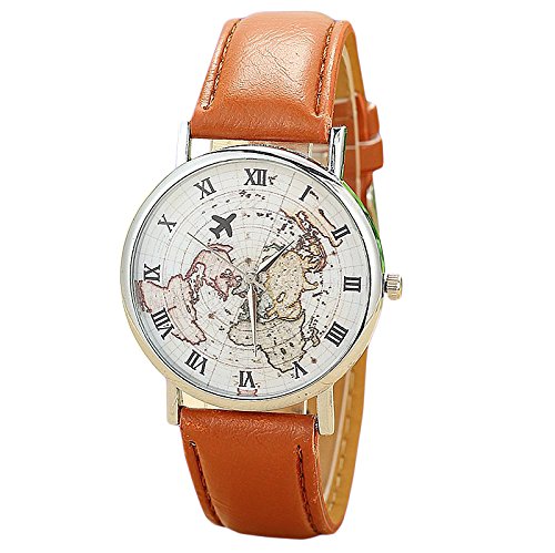 Unisex Armbanduhr roemische Ziffern Weltkarte Flugzeug silber Lederband braun Unisex Armbanduhr roemische Ziffern Weltkarte Flugzeug silber Lederband braun