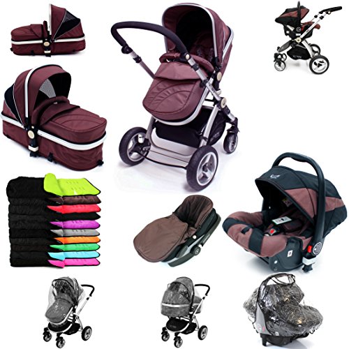 i-Safe System - Hot Chocolate Trio Travel System Pram & Luxury Stroller 3 in 1 Complete With Car Seat + Footmuff + Carseat Footmuff + RainCovers