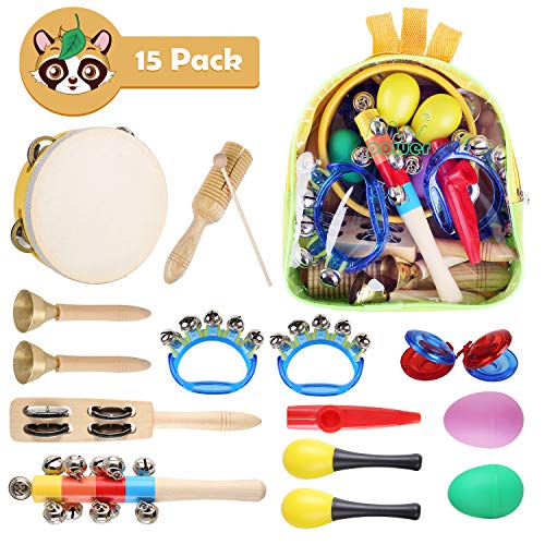 MVPower 15 Pièces Instruments de Musique Enfant en Bois pour Bébé comme Cadeaux de Noël et Anniversaire Jouet Instrument avec Set de Xylophone,Maracas, Tambourin etc. avec Sac de Transport