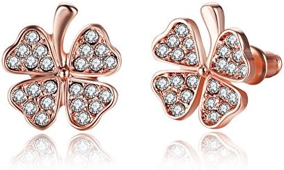 FJYOURIA Platinum/gold Plated Four Leaf Clover Stud Earrings with Cubic Zirconia Crystal for Women Girls (18ct Rose Gold)