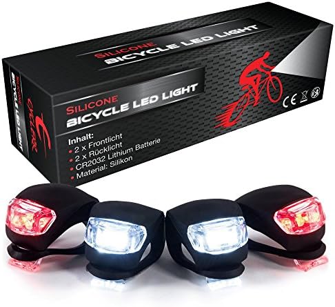 Black Silicone Bike Light LED Set - Pack of 4 Bicycle Lights (2 White Front Lights &amp; 2 Red Taillights), Waterproof Bicycle Light with Switch, Silicone Light Kit incl. 8 lithium Batteries