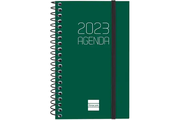 Finocam Agenda 2023 Espiral Opaque Semana Vista Horizontal Enero 2023, Diciembre 2023, 12 meses, Catalán, Color Verde, Supermini, E3, 79 x 127 mm