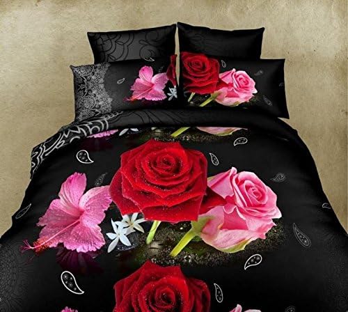 Unique 3D Bedding Set Double King Size Duvet Cover + 2 Pillowcases 3pcs Set Black with Roses Microfiber Feel (King)