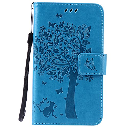 Sony Xperia E4 Hülle, Feeltech Premium Design PU Leder Beschützer Haut Schutzfolie Tasche, Geprägte Baum Katzen Schmetterlings Blumen Muster [with Free Stylus Pen] Kartenfächer Kreditkarte Holder Stand Funktion Magnetverschluss Bookstyle Flip Wallet Handyhülle für Sony Xperia E4 – Blau - 2