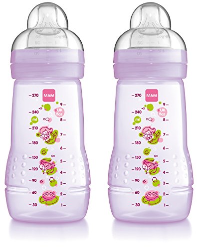 MAM Baby Bottle with Medium Flow Teat 270 ml (2 Pack Pink)