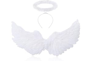 Sunshine smile 60CM Engelsflügel Weiß mit Heiligenschein,Engel Flügel,Federflügel Engel,Engels Flügel Kostüm,Engel Flügel für Damen und Mädchen,Party Fasching Kostüme Deko,Kostümparty Verkleidung