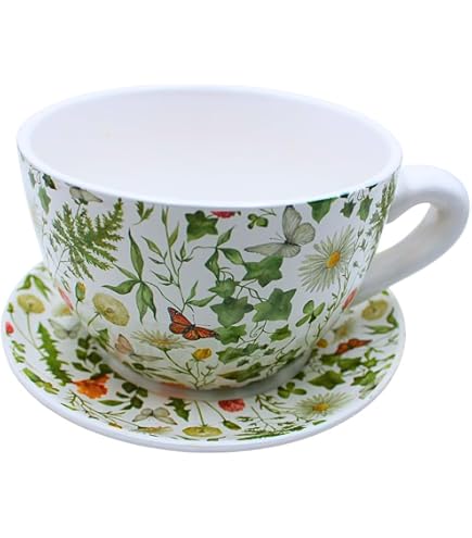 finehomegarden Pflanztasse Dolomit 3Fb. sort. grün/grau Tasse Pflanztopf mit Unterteller Keramik Ø10x8cm Garten