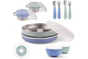Elk and Friends Kids Stainless Steel Mealtime Bundle | Plates, Bowls, Snack Cups + Toddler Utensils | Silicone Suction Sleeves + Travel Storage Lids | for Meals + Snacks | Dishwasher Safe