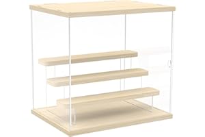 Nynelly 4-Tier Clear Acrylic Display Case Display Box Display Stand with Door,Countertop Display Case for Collectible Mini Action Figure,Dustproof Storage Organizer(Wood Top,Base,Step)