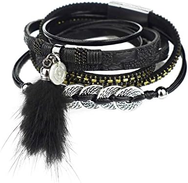 'Thestyl Eassistant "Saturn Real Fake Fur Pom-Pom Tassel and Crystal Leather Wrap Bracelet, Multi-Layered Bracelet, Coins, Wrapa Beautiful Planet, Bohemian Wrap Bracelet Edition A F16 58