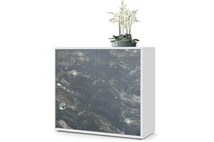 Vladon Sideboard Ben, Kommode mit 2 Türen und 2 Schubladen, Weiß matt/Marmor Graphit (79 x 74 x 36 cm)