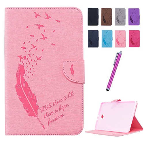 Romtronic Lederhülle Leder Tasche Case Cover für Samsung Galaxy Tab A 10.1 2016 (SM-T580 SM-T585) Hülle PU Schutz Etui Schale Feather Muster Design Backcover Flip Cover Wallet Case mit Standfunktion Karteneinschub und Magnetverschluß (Rosa)