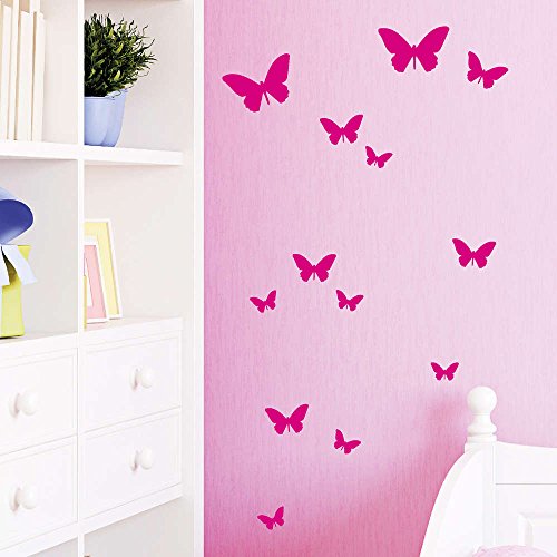 Wandtattoo Loft® Aufkleber Sticker „Schmetterlinge 13 Stück“ / 49 Farben zur Auswahl / kleinster Schmetterling 2,6 x 1,6 cm und größter Schmetterling 7 x 4 cm / pink /