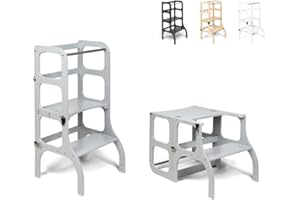 ETTE TETE Torretta pieghevole con seduta, altezza in piedi 45 cm, Sgabello, sgabello pieghevole, torre montessoriana con seduta e tavolo pieghevole, legno betulla, verniciato UV, grigio con finiture argento
