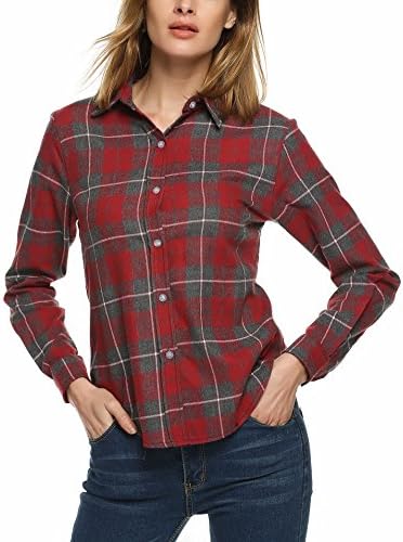 Cooshional Women Elegant Long Sleeve Grid Turn Down Collar Button Slim Casual Shirt Blouse (m, blue)