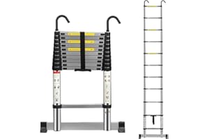 Multibao Telescopic Ladder 3.2M 10.5FT Aluminium Extension Loft Ladder with Stabilizer Bar and Detachable Hooks, Multi Purpose Extendable Portable Folding Ladders, EN131 (3.2M/10.5FT)