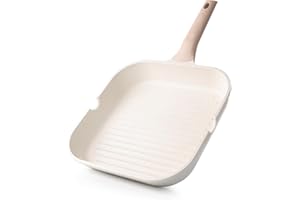 Kordisen Padella antiaderente per piano cottura a induzione, griglia quadrata da 28 cm, per cucinare in interni, padella per bistecca con rivestimento sano con beccucci per versare, senza PFOA, bianca