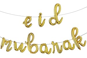 VADAS Eid Mubarak Lower Case Letters Balloon Bunting Kit includes Ribbon and Straw - 16" Foil (GOLD LC)