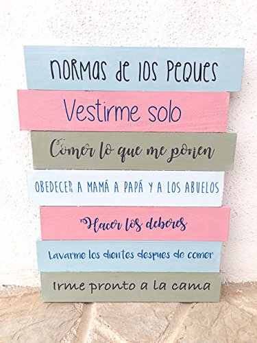 Cartel vintage de madera "Normas de los peques" 30x35cm personalizable - Cartel con listones de madera - Frases transferidas a madera