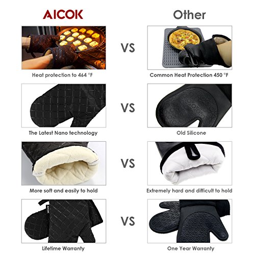 Aicok Ofenhandschuhe Anti-Rutsch Küche Backofen Handschuhe Hitzebeständig Handschuhe zum Kochen, Backen, Barbecue Isolation Pads, Schwarz, 1 Paar - 2