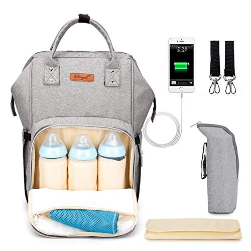 Preisvergleich Produktbild Wirezoll Wickeltasche Multifunktionale Baby Wickelrucksack mit Großem Volumen für Unterwegs inkl. USB-Ladeanschluss / Tragbarer Flaschen-Tasche / Wickelunterlage / Aufhänge-Riemen (Grau)