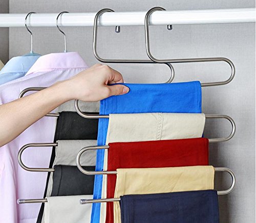 Beddingleer 2 s-Typen Edelstahl Hose Rack 5 Schichten Multi-Purpose Schrank Bügel Magic Space Saver Lagerung Rack für Kleider Handtuch Schal Hose Krawatte