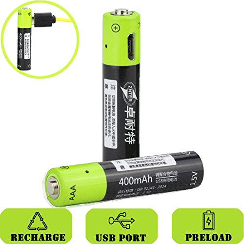 SOEKAVIA Batterie 1,5 V AAA 400 mAh Batterie au lithium polymre rechargeable Micro USB intgre - (Noir + Vert) 2pcs