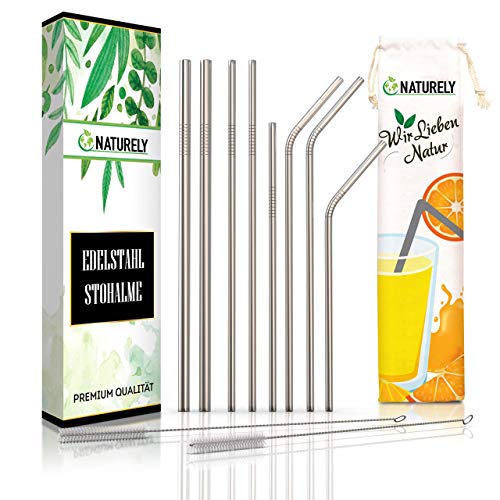 NATURELY© Premium Strohhalm wiederverwendbar [10er Set] - Metall Strohhalme aus hochwertigem Edelstahl - Trinkhalm plastikfrei umweltfreundlich & nachhaltig mit Eco Beutel und 2 Reinigungsbürsten