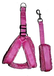 Skora Nylon Dog Harness & Leash Set with Fur 1.25 inch Large - Pink (Chest Size - 28-34)