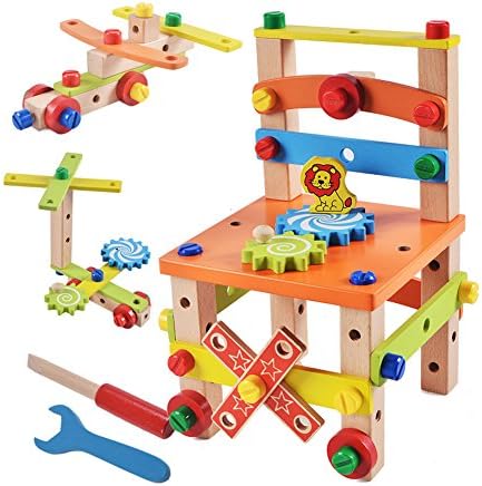 Wooden Workbench Multi Functional Small Disassembly Work Chair Construction Tools Blocks Set incl. Nut, Screw, Spanner (Style 2)