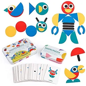 AM ANNA Educational Wooden Pattern Blocks Animal Puzzle Tangram Shape Set Color Sorting Stacking Game Jigsaw Preschool Montessori Brain Teaser STEM Gift for Toddler Kid (60 Pattern Cards)